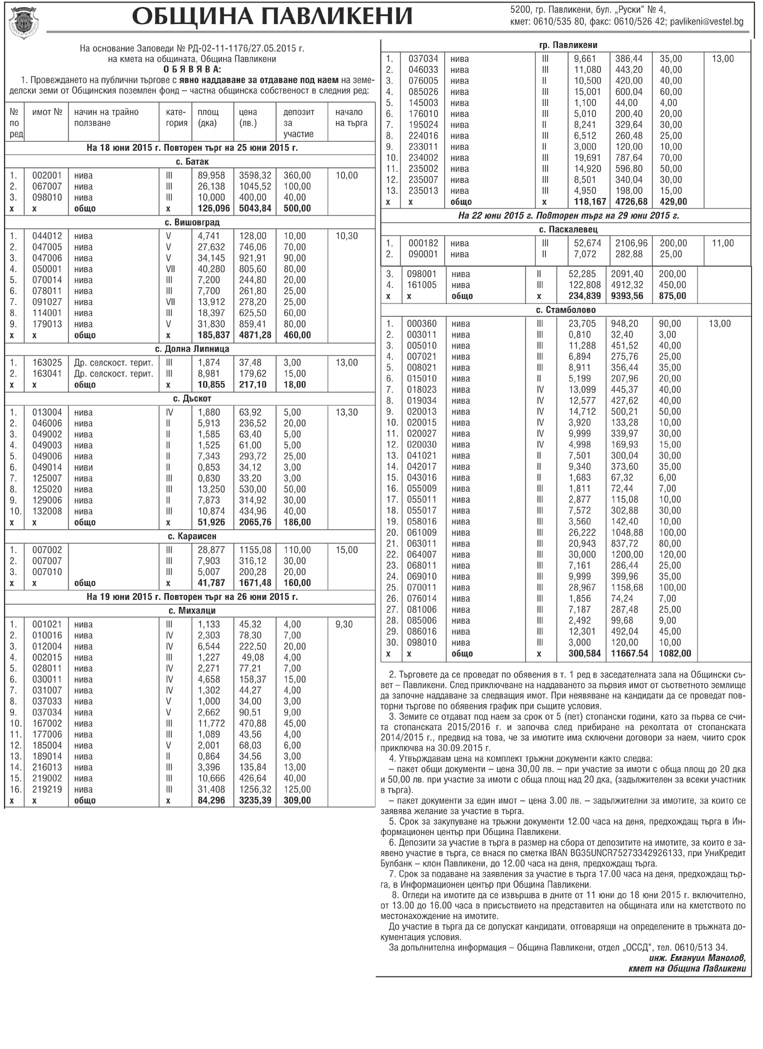 Павликени | На основание Заповеди № РД-02-11-1176/27.05.2015 г.  на кмета на общината, Община Павликени О Б Я В Я В А: