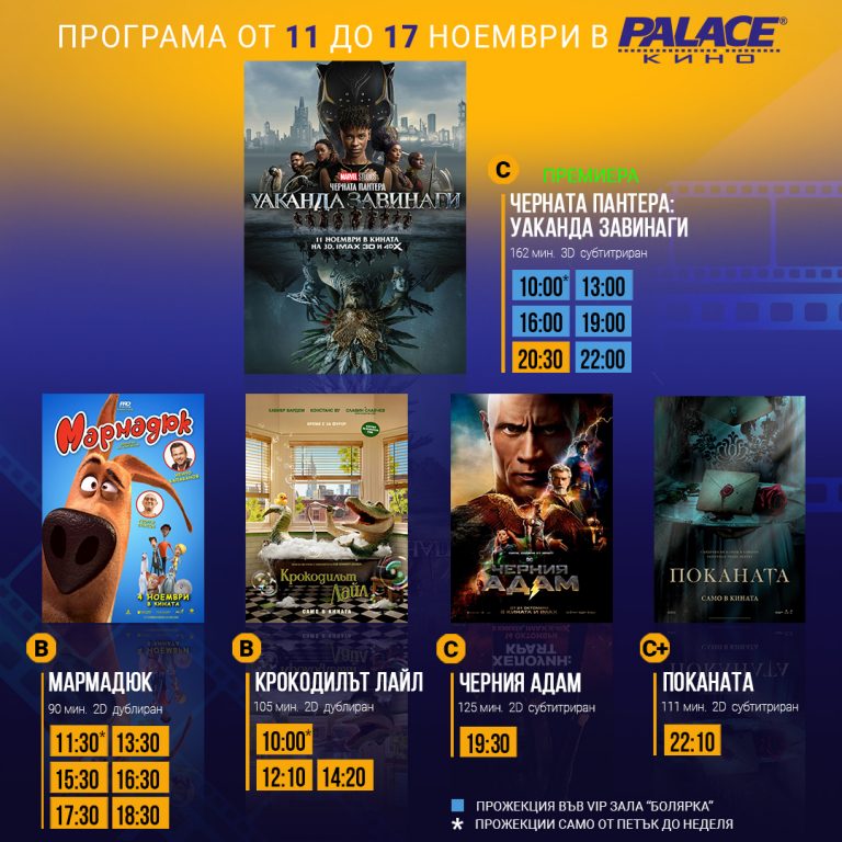 Програма на Кино Palace от 11 до 17 ноември 2022 г.