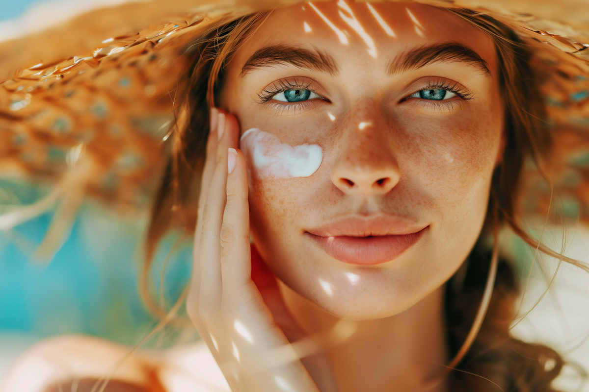 Young woman applying sunscreen to her face on the beach on a sunny summer day