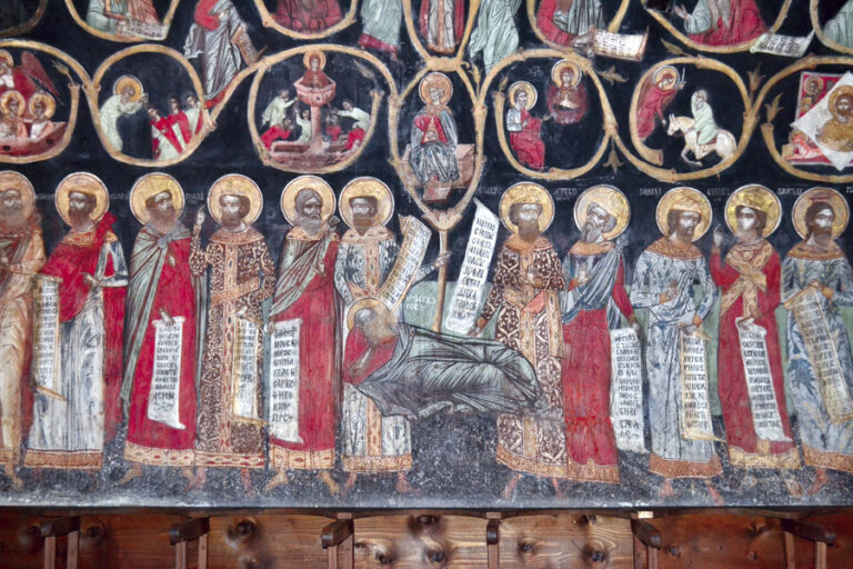 Аристотел и Платон рисувани върху  стенописите на  арбанашка църква
